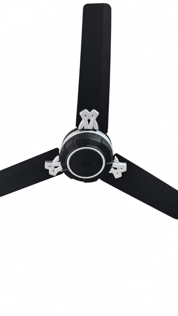 A sleek three-blade black ceiling fan