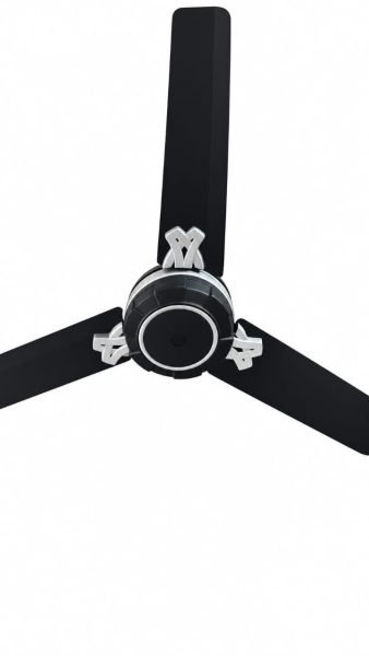 A sleek three-blade black ceiling fan