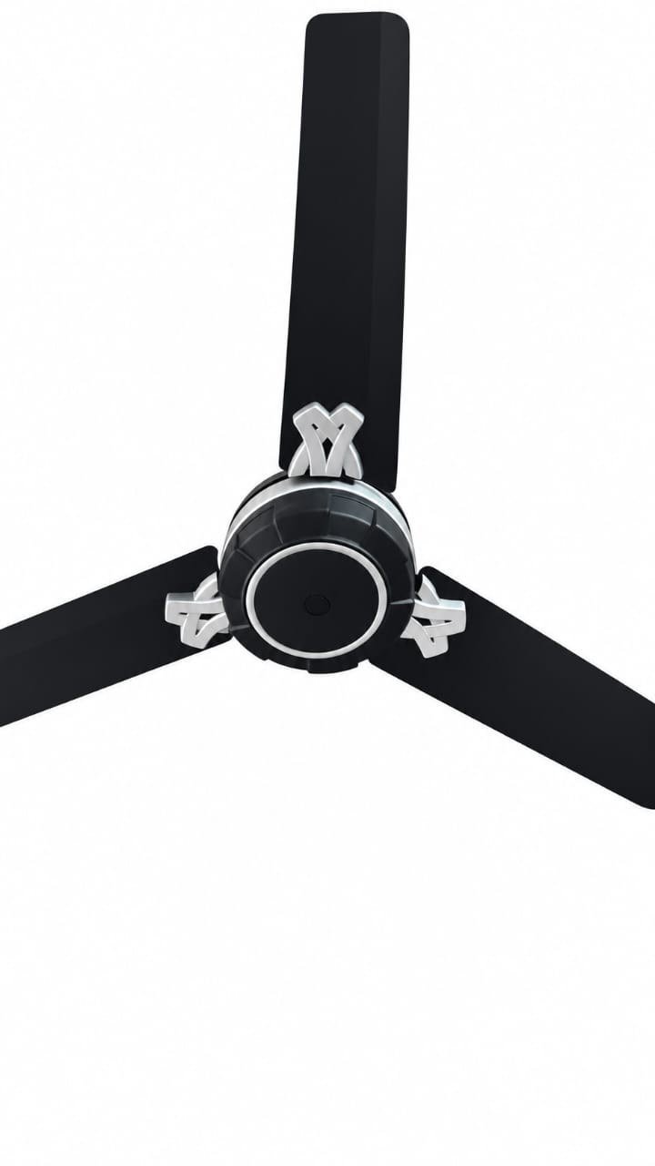 A sleek three-blade black ceiling fan enlarged
