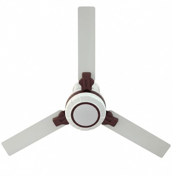 A modern three-blade ceiling fan featuring a clean white AC/DC