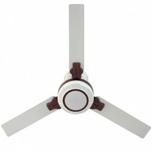 A modern three-blade ceiling fan featuring a clean white AC/DC