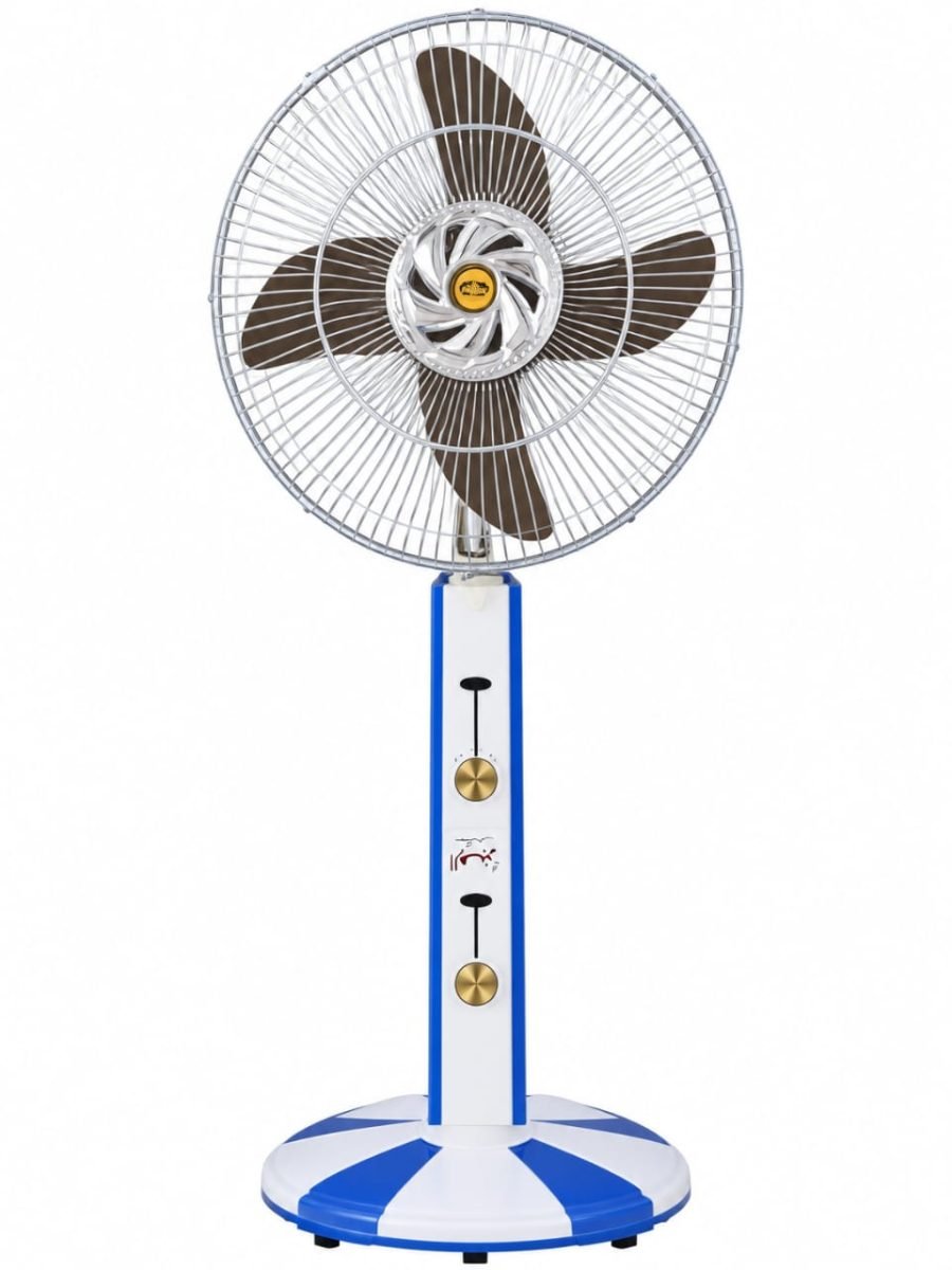 A classic pedestal stand fan featuring a large circular metal safety grille