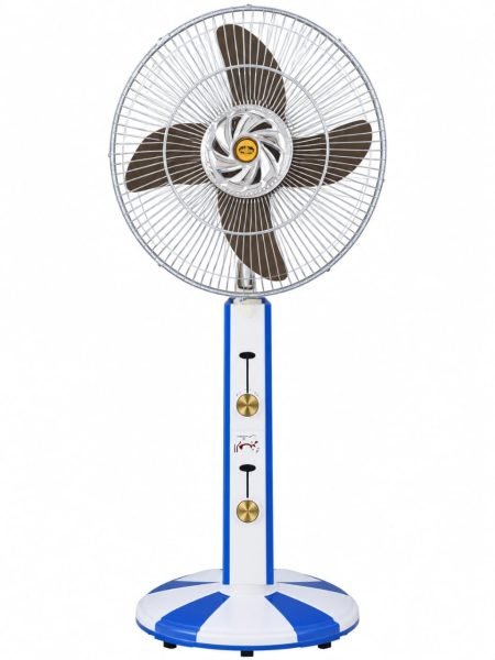 A classic pedestal stand fan featuring a large circular metal safety grille