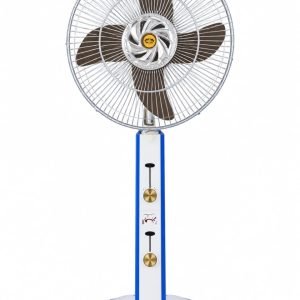 A classic pedestal stand fan featuring a large circular metal safety grille