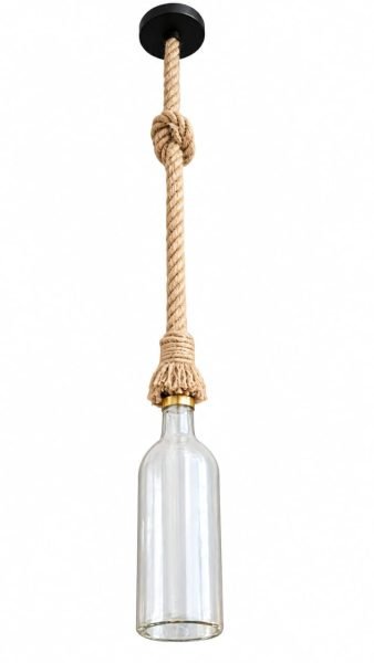 A stylish hanging pendant light featuring a clear glass bottle-shaped